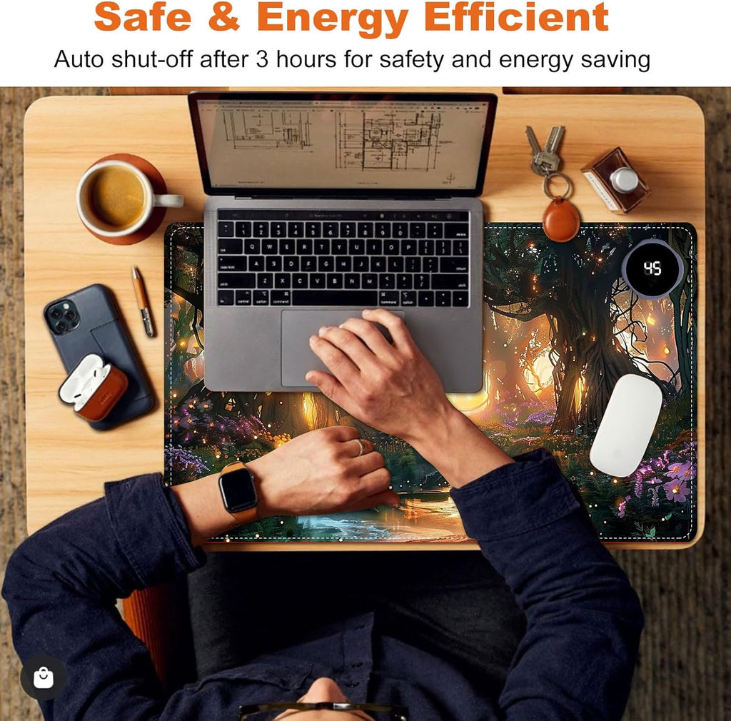Small Heated Desk Pad 23.6" x 14.2" – Compact Electric Mouse Pad with 3 Heating Levels, Auto Shut-Off, Waterproof PU Surface, Plug-in Warmer for Office or Home Use, Glowing Forest
