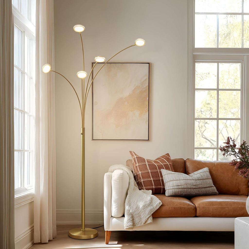 Brightech Orion Arc Floor Lamp for Living Room, Tree Floor Lamp with 5 Adjustable Arms, Multi-Head Standing Lamp with Flexible Rotating LED Lights for Bedroom, Dorm - Bright Hanging Lighting - Brass