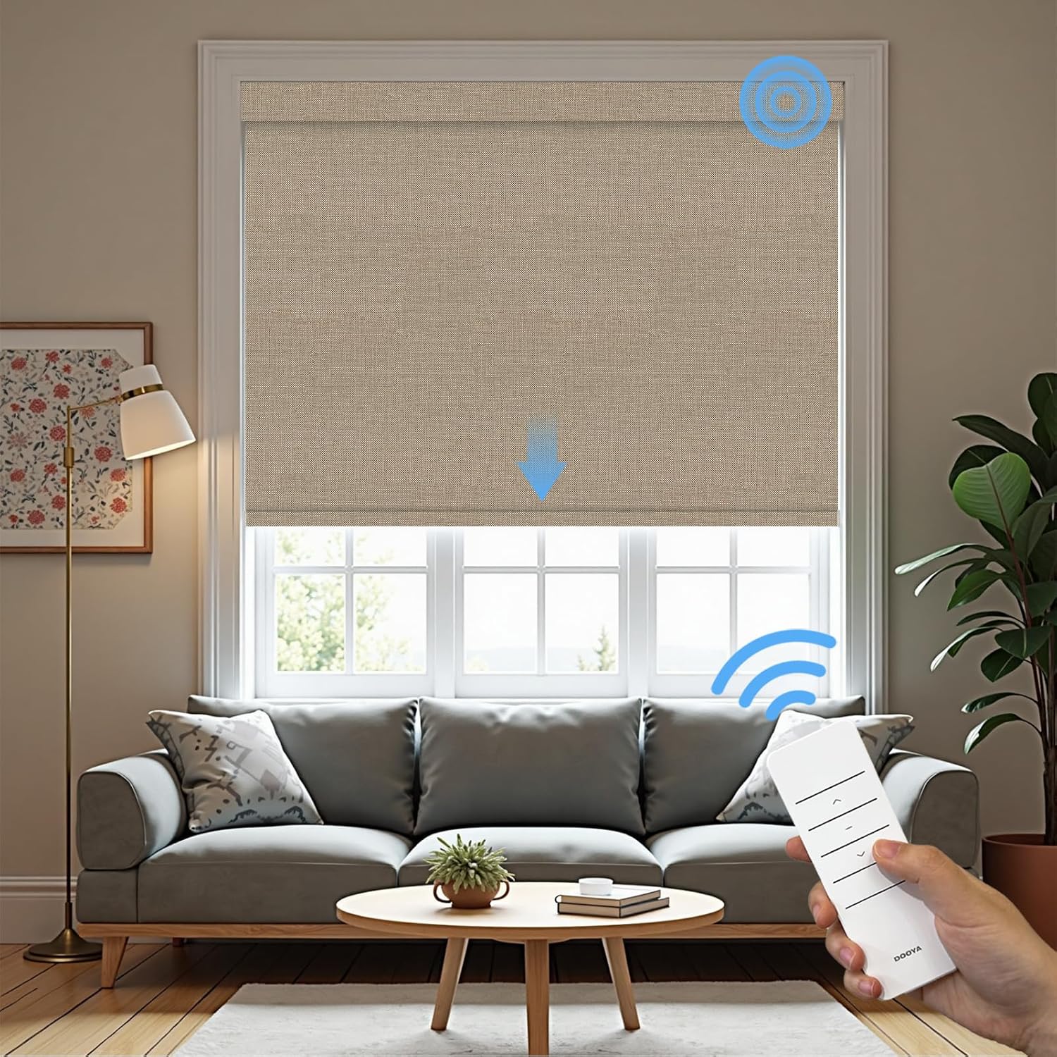 Motorized Roller Blinds with Remote, 100% Blackout Automatic Roller Shades for Bedroom, Bathroom, and Living Room, Customized Size, Coffee Beige