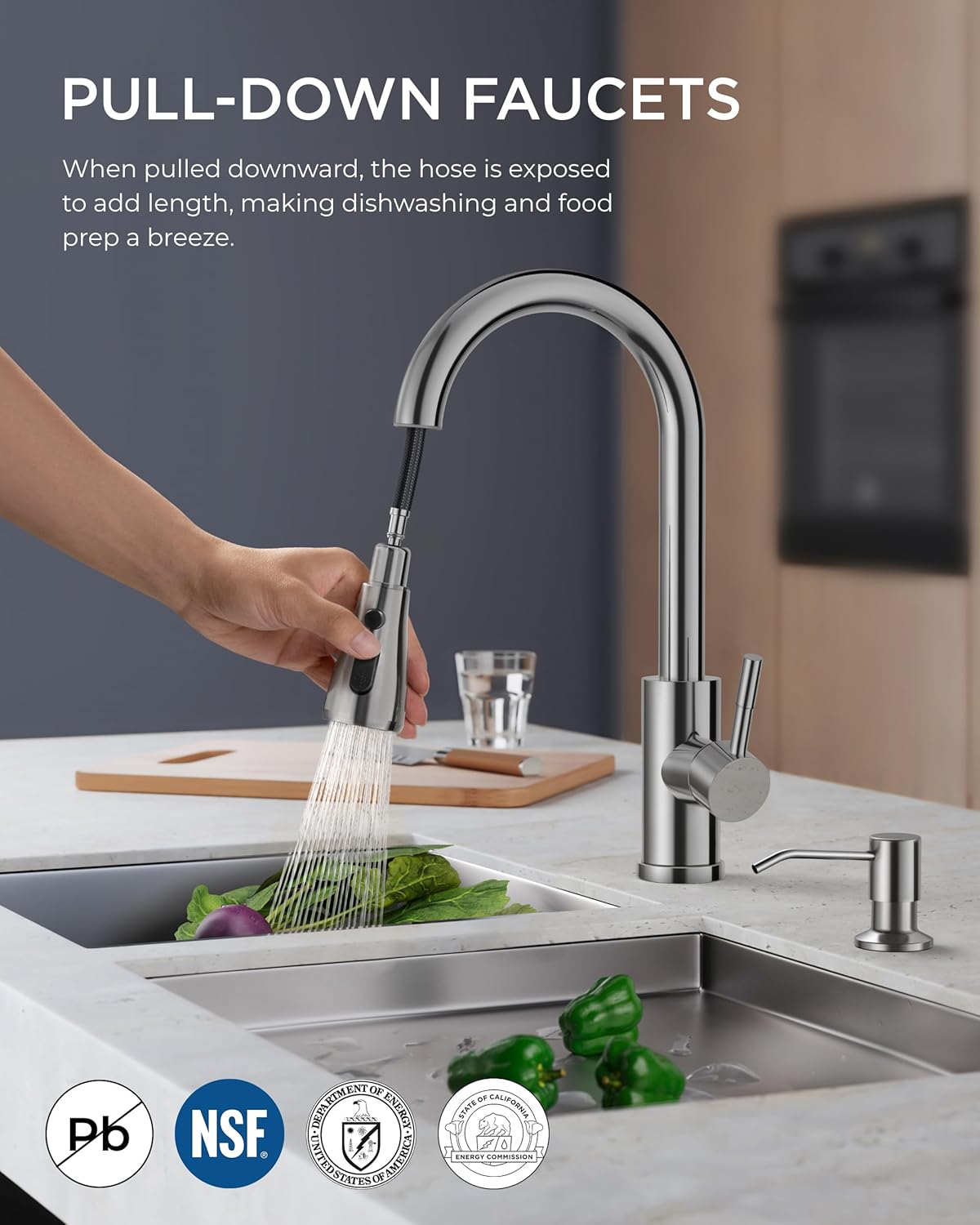 FORIOUS Kitchen Faucet with Soap Dispenser Chrome, Single Handle Stainless Steel Transitional Sink Faucet with Pull Down Sprayer 1 or 3 Hole, Suitable for Farmhouse Laundry Camper RV Bar