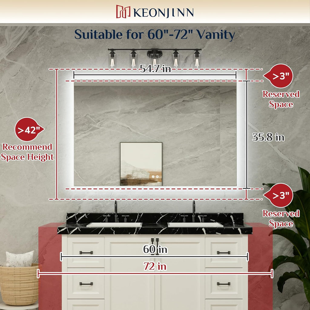 Keonjinn 55 x 36 Inch LED Bathroom Mirror with Backlit, Anti-Fog Vanity Mirror, CRI90+ HD Tempered Glass, Stepless Dimmable, High Lumen, UL Listed, IP44 Waterproof, Horizontal/Vertical