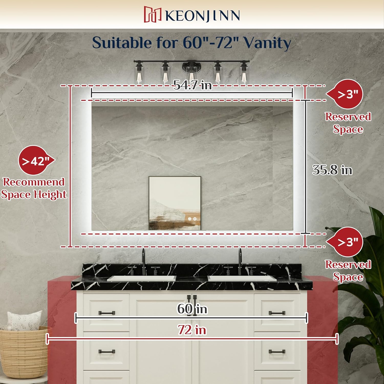 Keonjinn 55 x 36 Inch LED Bathroom Mirror with Backlit, Anti-Fog Vanity Mirror, CRI90+ HD Tempered Glass, Stepless Dimmable, High Lumen, UL Listed, IP44 Waterproof, Horizontal/Vertical