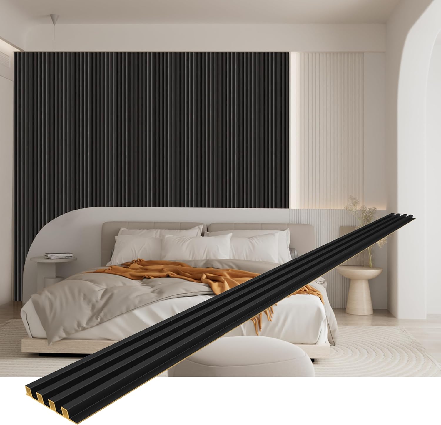 8-Pack WPC Slat Wall Panels - 3D Wall Panels, Water-Proof and Easy Installation, Accent Slat Wall Paneling for Living Room, Office,Black, 96 x 6.6 Inch