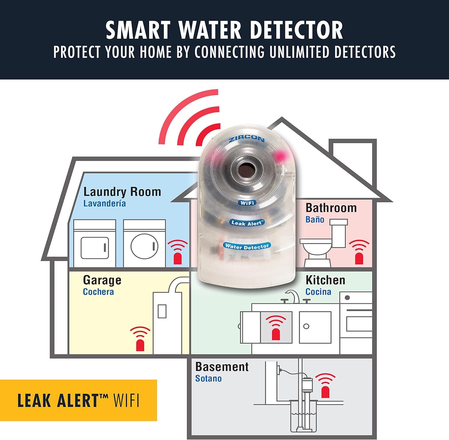 Zircon Leak Alert Wifi - Smart Electronic Water Detector Alarm with Email, Audio & Visual Alerts - Battery Included,White
