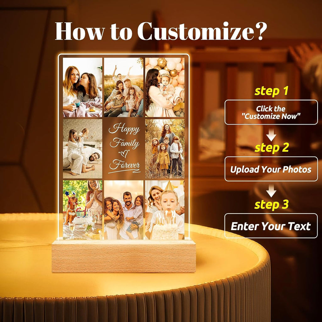 Personalized Collage Picture Frames with Photos, Custom Photo Frame with Night Light, Customized Picture Frame, Personalized Birthday Gifts for Women Men Mom Dad Kids Baby Family Friends