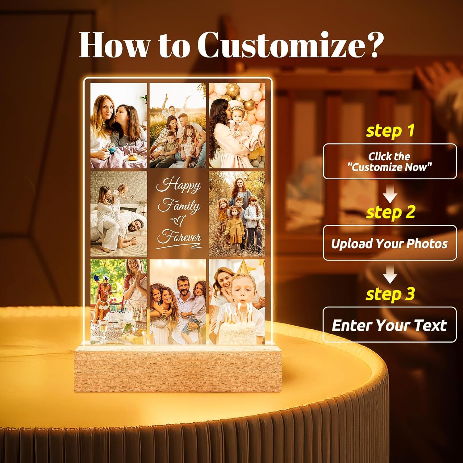 Personalized Collage Picture Frames with Photos, Custom Photo Frame with Night Light, Customized Picture Frame, Personalized Birthday Gifts for Women Men Mom Dad Kids Baby Family Friends