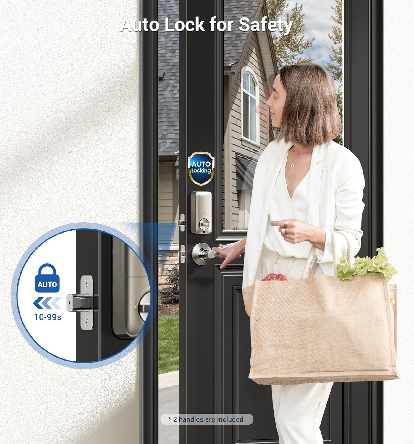 Veise Fingerprint Door Lock with 2 Lever Handles - Keyless Entry Door Lock, Electronic Keypad Deadbolt, Digital Smart Code & Front Handle Sets, Auto-Locking, Easy Installation, Satin Nickel