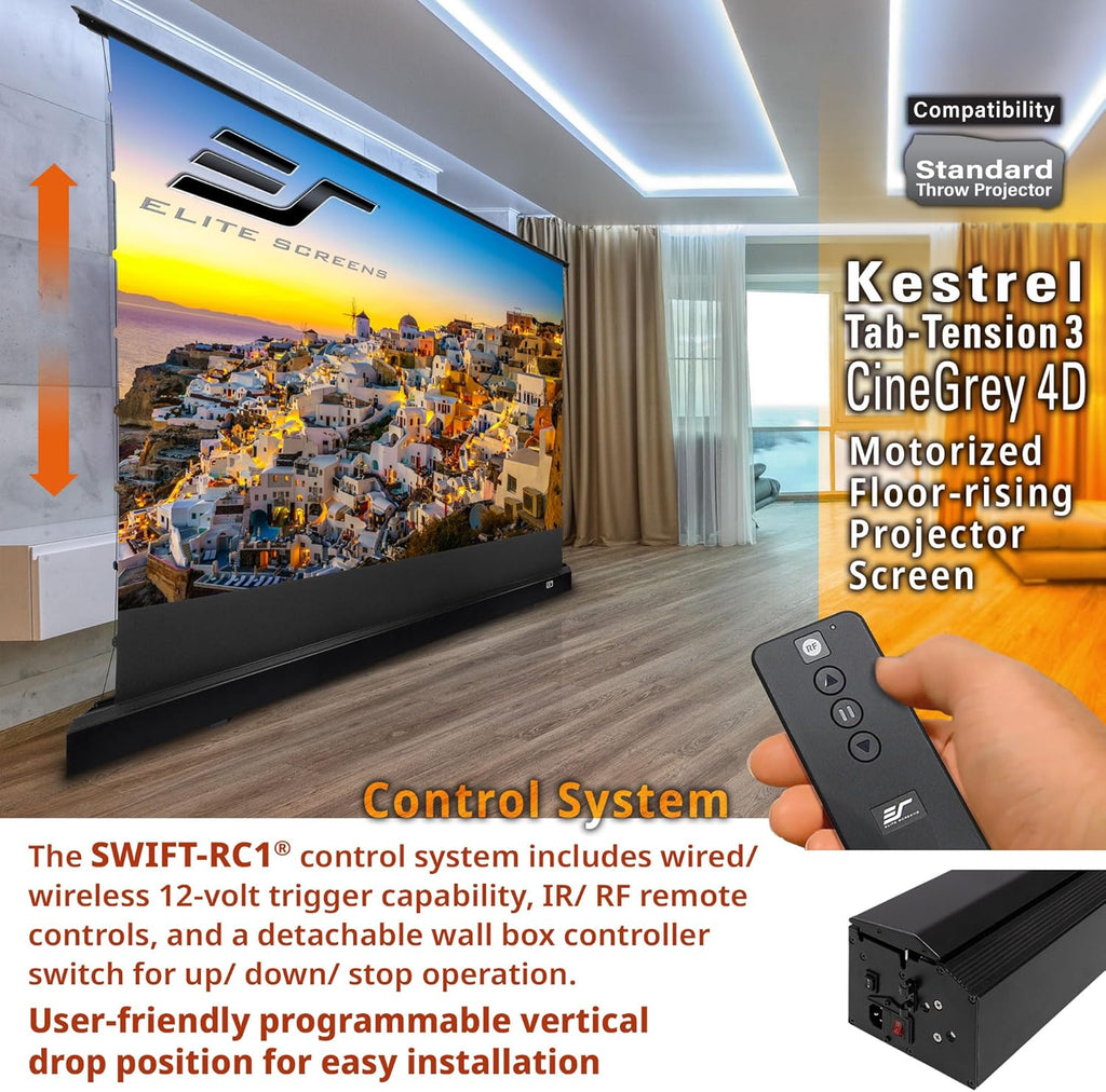 Elite Screens Kestrel Tab-Tension 3 CineGrey 4D, 122 inch 16:9, Standard Throw ISF Ceiling Ambient Light Rejecting (CLR/ALR) Electric Floor-Rising Projector Screen, Programmed Remote Kit, FTE122H3-C4D