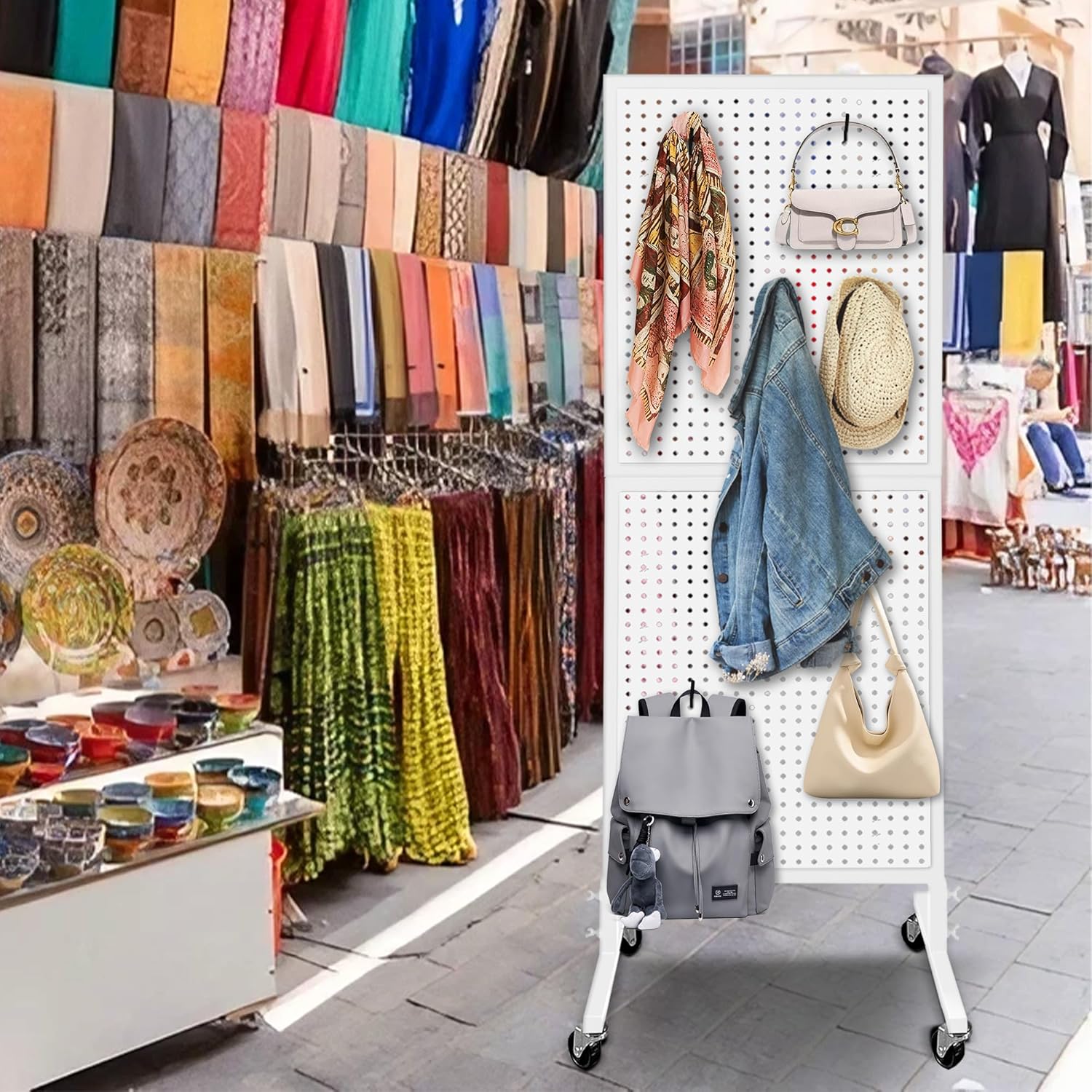 Royxen Standing Pegboard Display 2 x 5 Feet, Metal Pegboard with 30 Hooks, Peg Board Display Stand with Wheels for Vendors, Home and Retail Store (White)