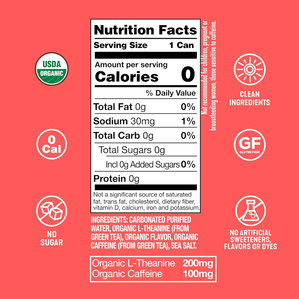 ARDOR ENERGY Sparkling Water with 100mg Natural Caffeine & 200mg L-Theanine from Organic Green Tea for Smooth Energy & Focus | Healthy Energy Drink | No Sugar, Zero Calories, Vegan, Gluten-Free | Pink Grapefruit (Pack of 12, 12oz cans)