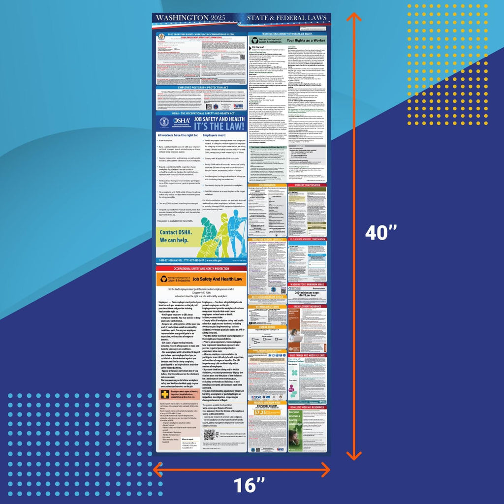 2025 Washington State and Federal Labor Law Poster - OSHA Workplace Compliant - Mandatory Regulations Posting for Employees - All-in-One Required Compliance Posting 16" x 40" - Laminated (English Poster)