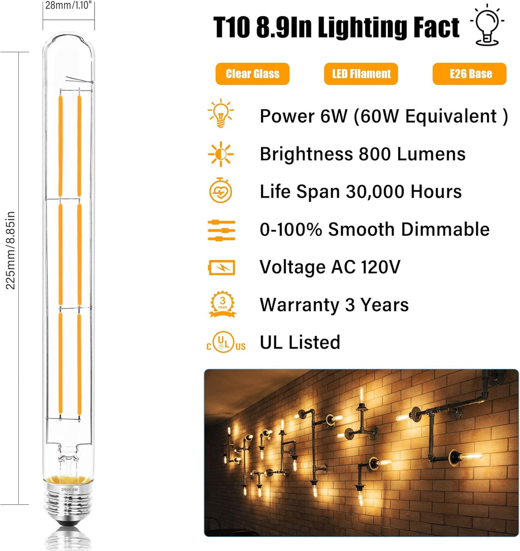 8.9IN LED Light Bulbs E26 Base, 6W 800LM 2700K Soft White T10 T9 Vintage Edison Bulbs Dimmable, AC 120V Equal 80 Watt Clear Glass Long Tubular Filament Bulb, UL Listed - 4Pack