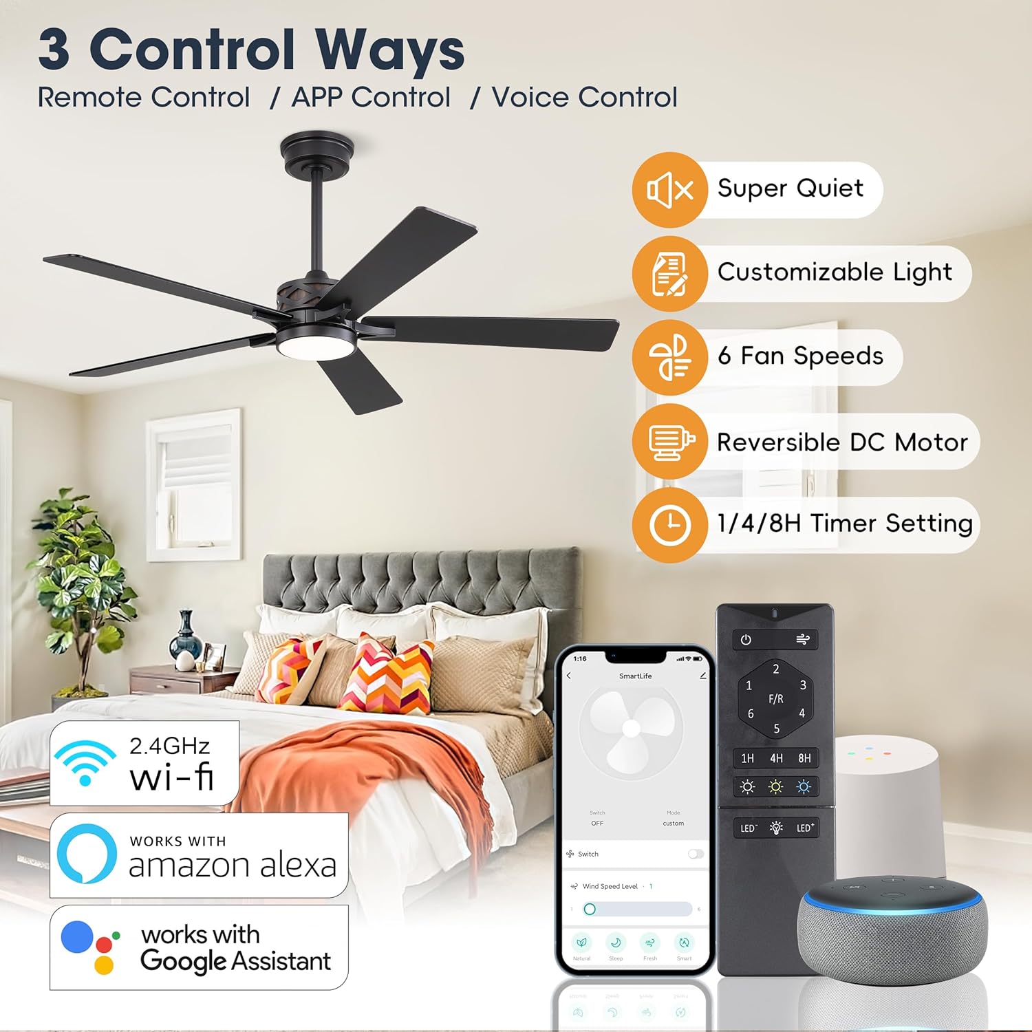 WINGBO 52" Smart Ceiling Fan with Lights, Black/Walnut Blades, 6 Speeds Reversible DC Motor, Works with Alexa and Google Assistant, 3CCT Dimmable LED Ceiling Fan for Bedroom Living Room, Black Finish