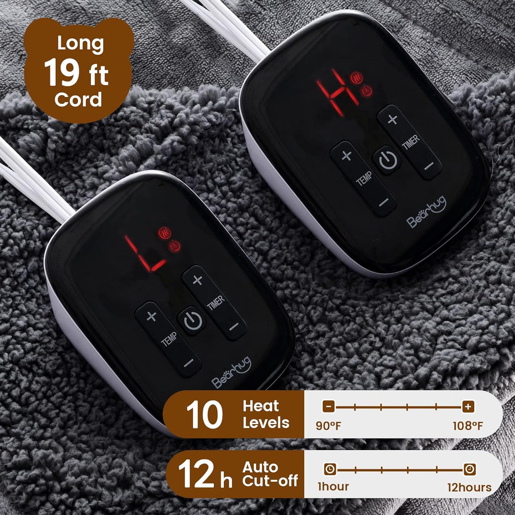 Bearhug Electric Blanket Queen Size 84" x 90", Dual Controllers Grey Heated Blanket, Velvet & Sherpa, 10-Heating Level & 1-12H Auto Off, Over-Heat Protect, ETL, Machine Washable