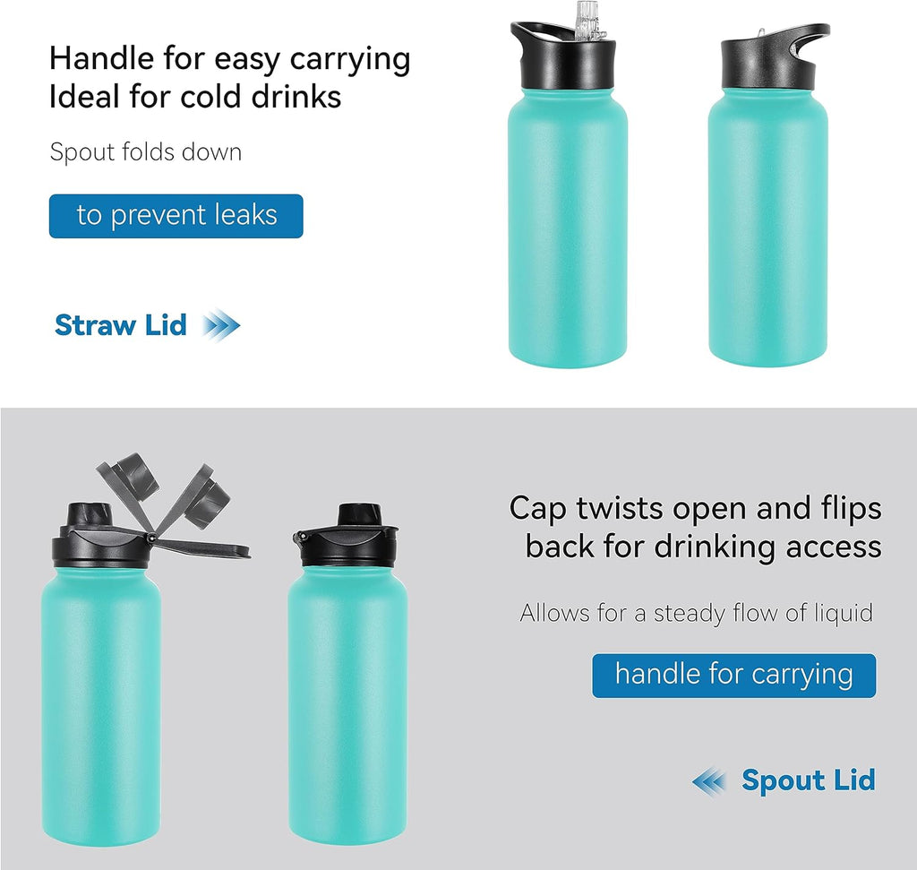 VEGOND 32 oz Insulated Water Bottle Stainless Steel Metal Water Bottles with Leak Proof Straw Lid & Spout Lid, Wide Mouth Double Walled Vacuum Travel Sports Bottle, Mint Green