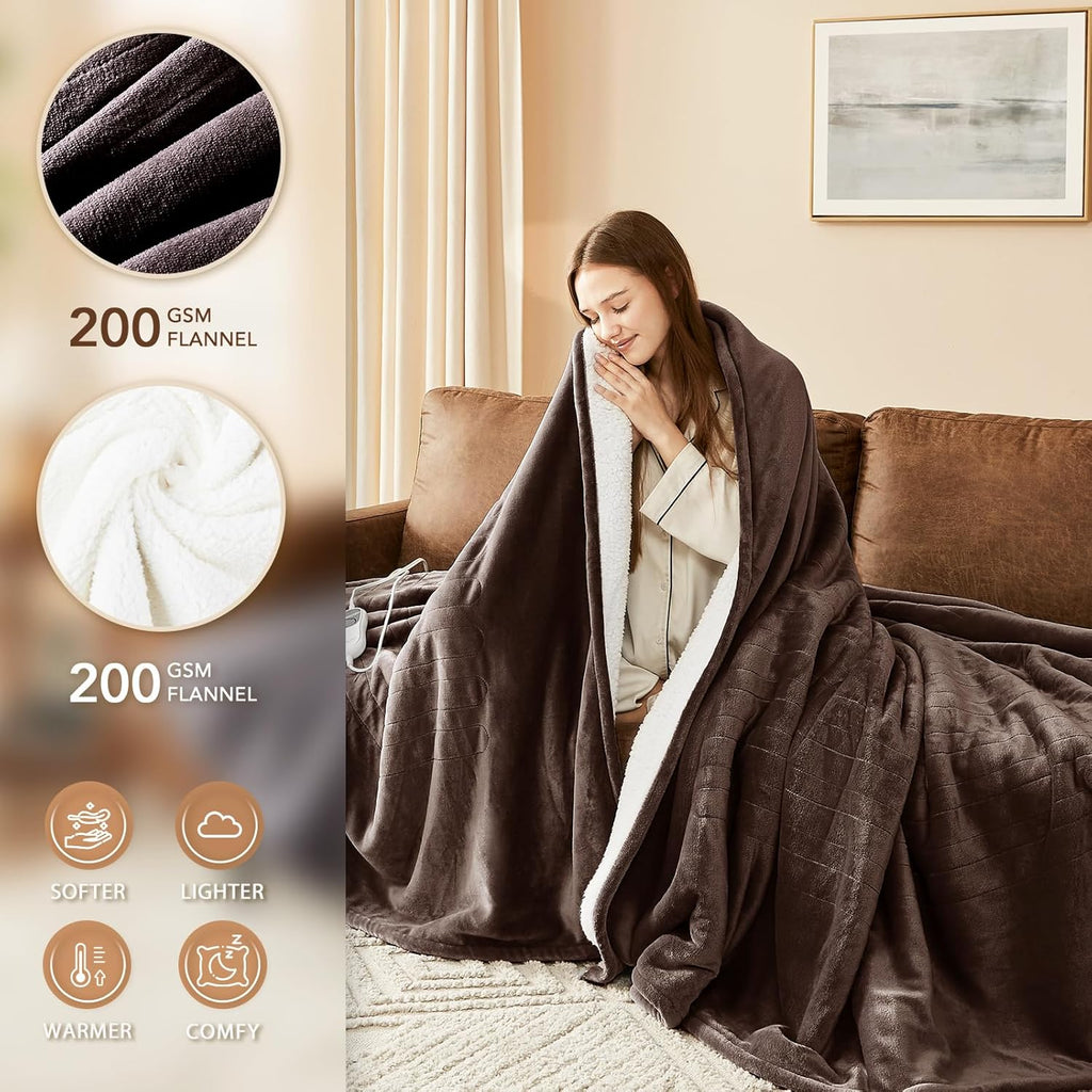 Homemate Electric Heated Blanket Twin - 62"x84" Heating Bed Blankets Throw with 10 Heating Levels 8 Hours Auto Off Fast Heating Over-Heated Protection Ultra Soft Warm Flannel ETL Certified Brown