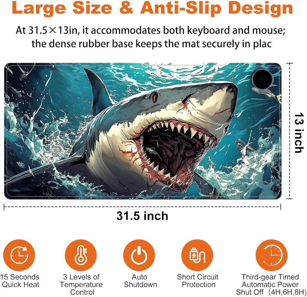 Heated Mouse Pad for Desk 31.5" x 13" – PU Leather Warm Desk Pad with 3 Heat Levels (104°F/113°F/122°F), Plug-in Electric Heating Mat with Auto Shut-Off, Waterproof & Rollable, Angry Shark