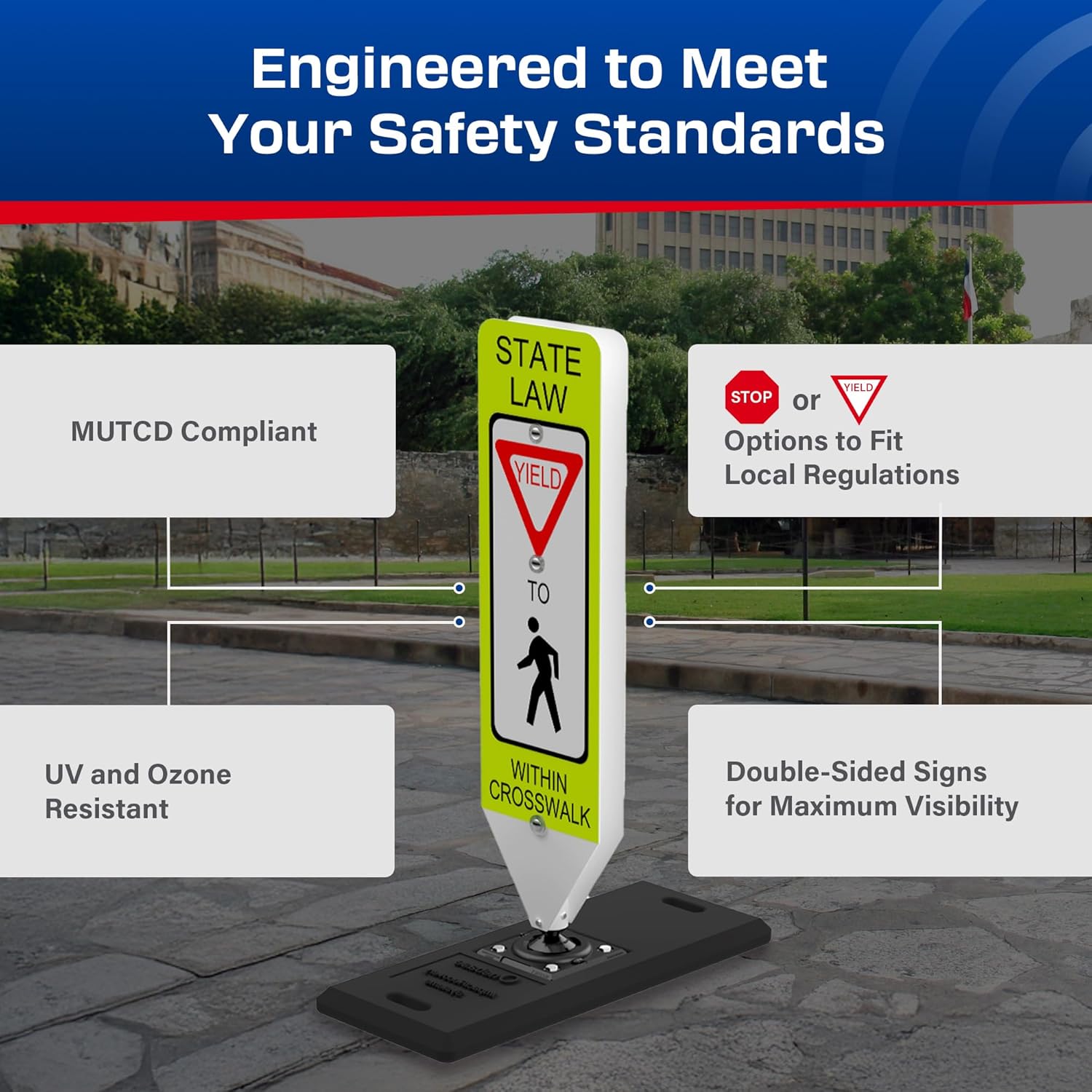 Impact Recovery - In-Street Pedestrian Crossing Signs - Street Sign - Road Safety Yield Sign with Portable Base