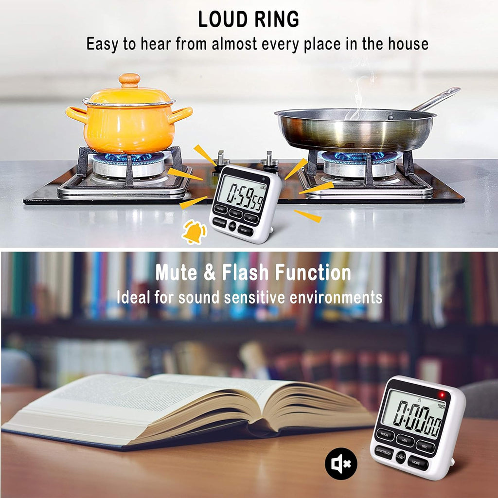 KTKUDY Digital Kitchen Timer with Mute/Loud Alarm Switch ON/Off Switch, 12-Hour Clock & Alarm, Memory Function Count Up & Count Down for Kids Teachers Cooking, Large LCD Display, Strong Magnet (Black)
