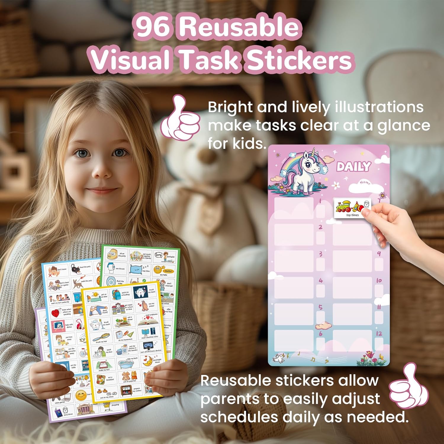 JJPRO Magnetic Bedtime/Morning/Daily Reward Routine Chart for Kids with Reward Jar-Bedtime Routine Chart,Reward Jar for Kids,Daily Checklist Reward Chart for Toddlers,Visual Schedule Board -Unicorn