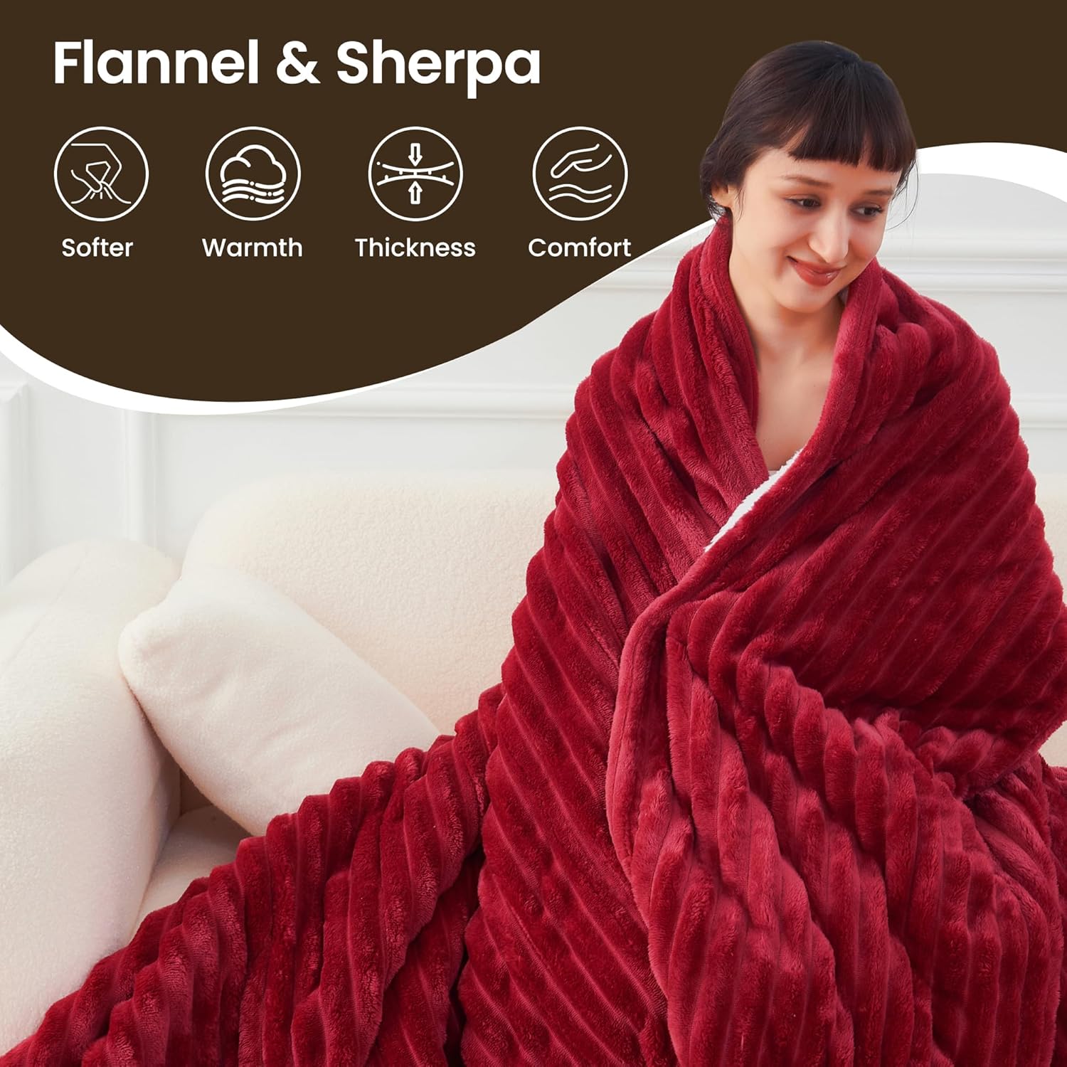 Heated Blanket Electric Blanket 62"x84", Soft Flannel Sherpa Electric Throw with 5 Heating Level & 12 Times Setting, Heated Throw with Overheating Protection, Machine Washable (Red)