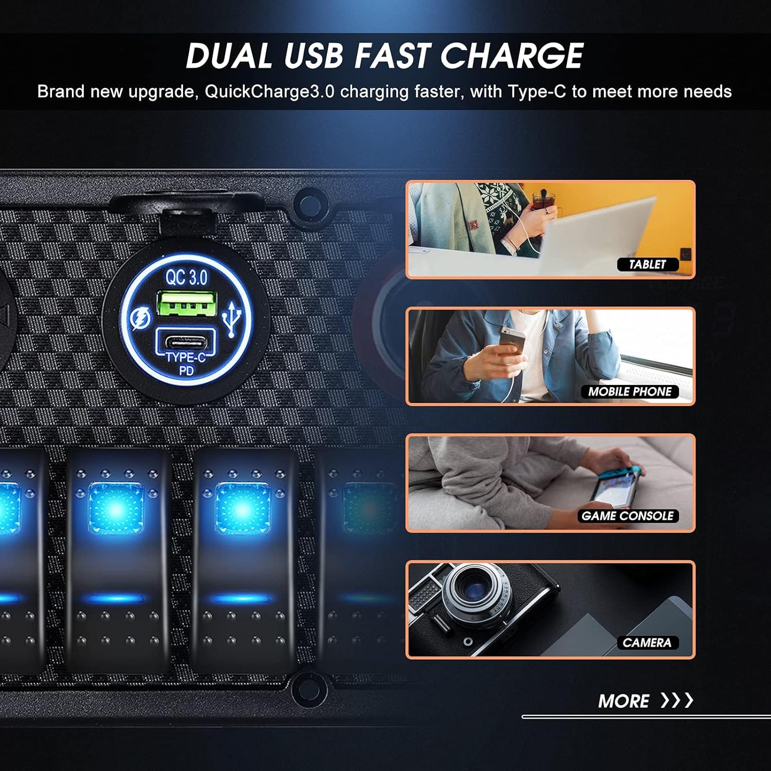 MKING Marine Switch Panel - 8 Gang Waterproof Rocker Panel With Circuit Breaker, USB & Type-C Charger, Digital Voltmeter, Cigarette Socket, 12V Blue LED