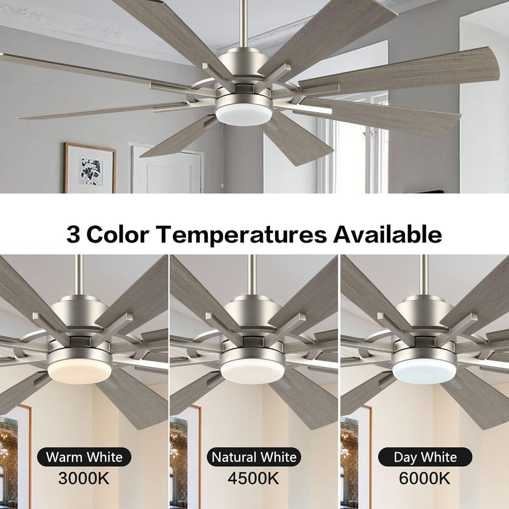 WINGBO 60" DC Ceiling Fan with Lights and Remote Control, Brushed Nickel and Gray Ceiling Fan, 8 Plywood Blades, 6-Speed Reversible DC Motor, Modern Ceiling Fans Indoor for Kitchen Bedroom Living Room