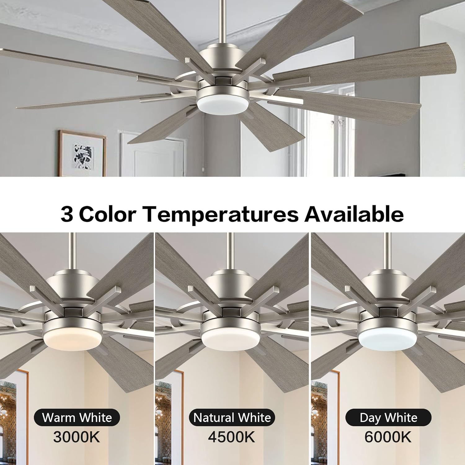 WINGBO 60" DC Ceiling Fan with Lights and Remote Control, Brushed Nickel and Gray Ceiling Fan, 8 Plywood Blades, 6-Speed Reversible DC Motor, Modern Ceiling Fans Indoor for Kitchen Bedroom Living Room