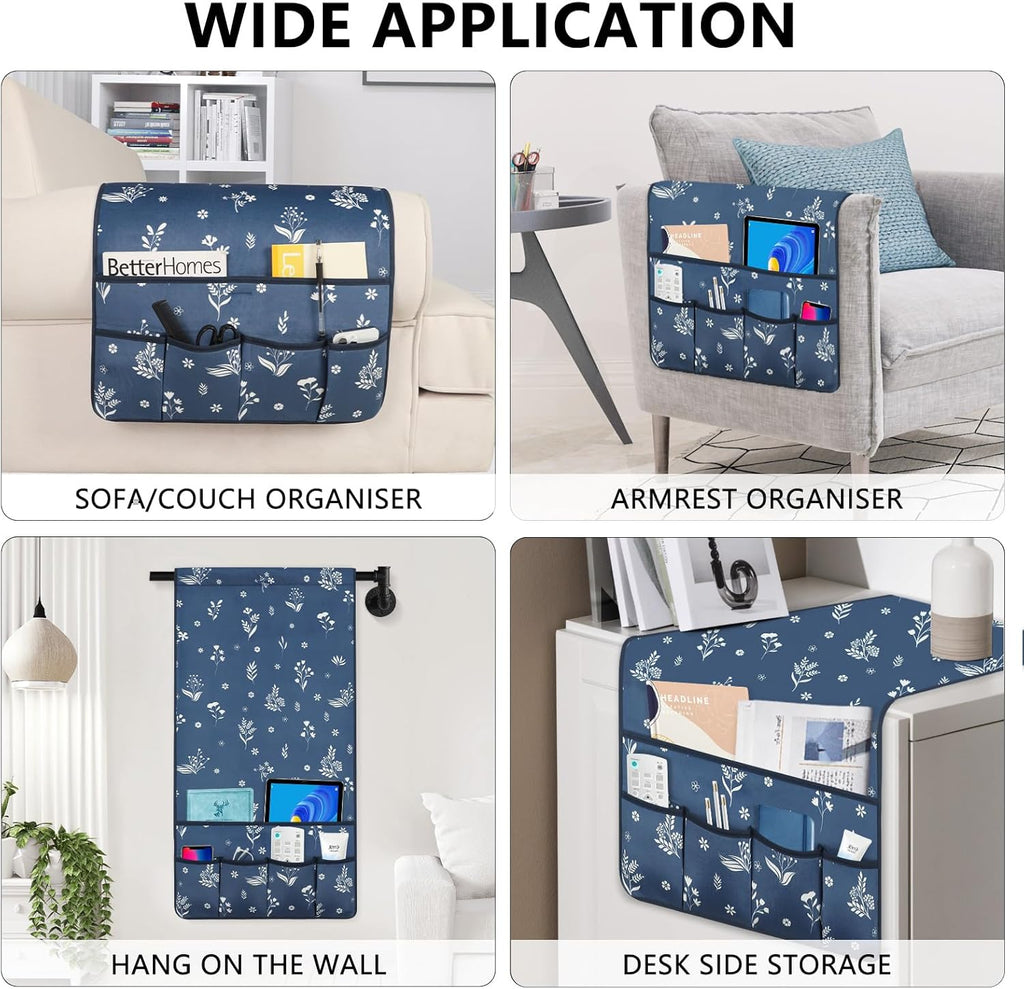 Remote Control Holder for Armchair，Couch Caddy Organizer TV Remote Holder for Bed Storage 5 Pockets，Remote Caddy Bedside Organizer Bedside Table Organizer (Blue, 35''x18'')