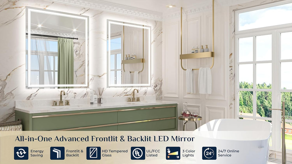 Keonjinn 44" x 36" Bathroom Mirror with Lights, Frontlit & Backlit LED Bathroom Mirror, Safe Tempered Glass, Anti-Fog, 3000K/4500K/6500K, Dimmable, UL-Listed, Frameless LED Wall Mirror