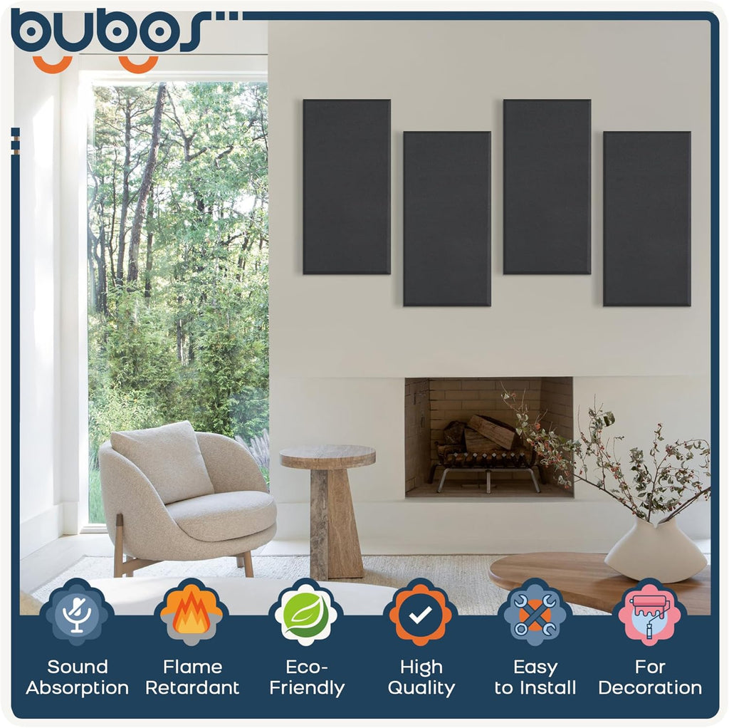 BUBOS 4 PCS Acoustic Panels,23.6''x11.8'' Fabric Soundproof Wall Panels,Self-adhesive Sound Absorbing Panels for Studios, Office, Home Theater,Fabric-Clad Black