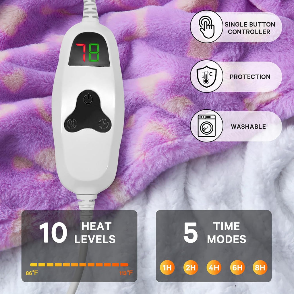Leopard Print Heated Electric Blanket Full Size,72X84 Purple Heating Blanket with 10 Heats Levels & 8 Hours Auto Off,Cute Fleece Sherpa Blankets Warmer Gifts for Women Adults,Washable