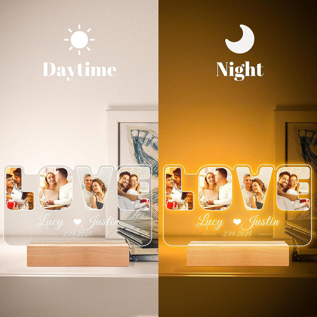 Custom Picture Frames with Photo, Personalized Photo Frame with Night Light, Customized Picture Frame, Personalized Anniversary Valentines Day Gifts for Women Men Her Him Girlfriend Boyfriend Couple