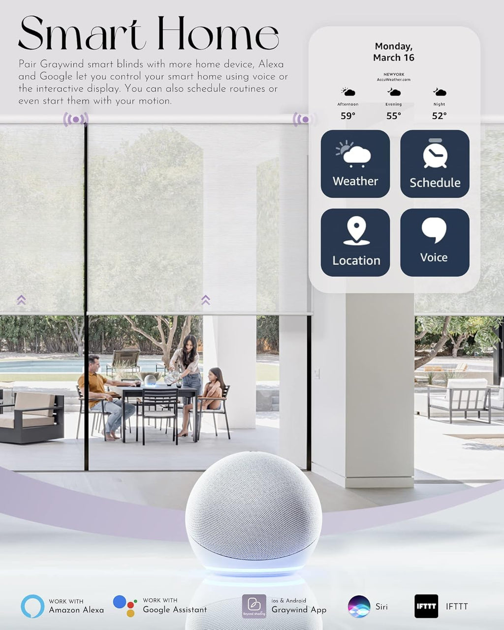 Graywind Motorized Semi Roller Shades Compatible with Alexa Google Hardwired WiFi Smart Light Filtering Remote Control Automated Blinds Electric Window Shade, Custom Size (Sheer White)