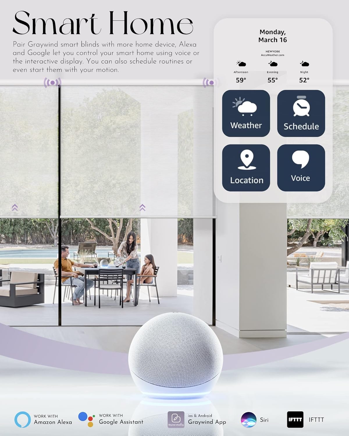 Graywind Motorized Semi Roller Shades Compatible with Alexa Google Hardwired WiFi Smart Light Filtering Remote Control Automated Blinds Electric Window Shade, Custom Size (Sheer White)