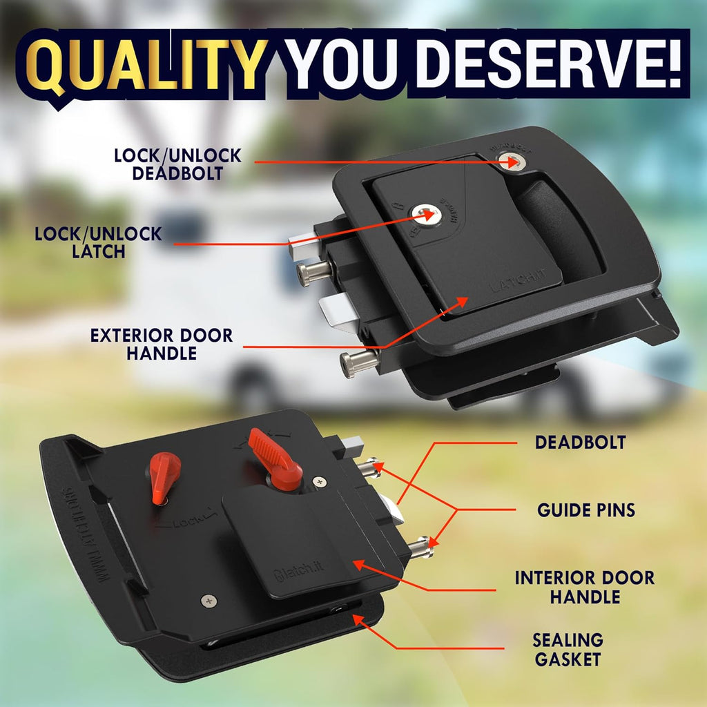 LATCH.IT RV Door Lock Replacement | Class C Camper Door Latch Fits 3.50" x 4.50" Lock Holes | 100% Metal RV Door Latch Replacement | RV Latch | Camper Door Locks with 2 High-Security Keys Included