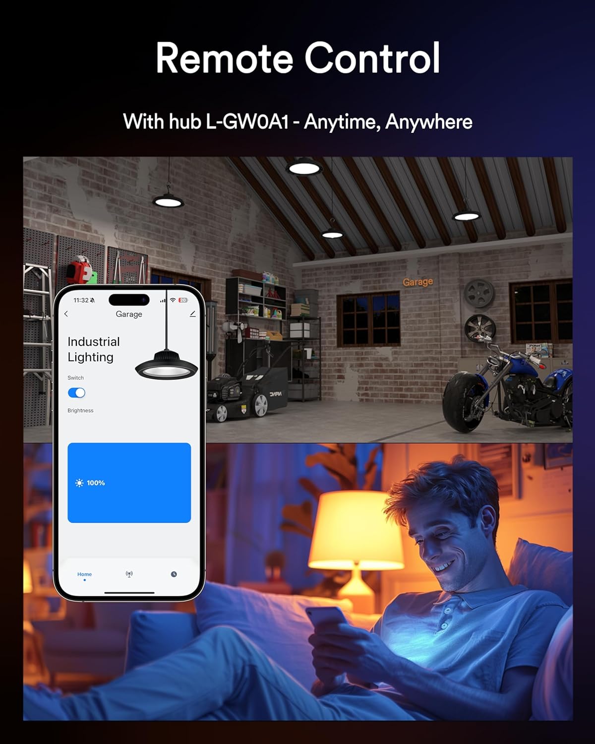 Lumary 32,000lm Smart Shop Light for Garage w/Motion Sensor 200W, Compatible with Alexa via Hub-Not Included, Bluetooth UFO LED High Bay Light Metal, 120-277V Brightness Dimmable, 5000K for Workshop