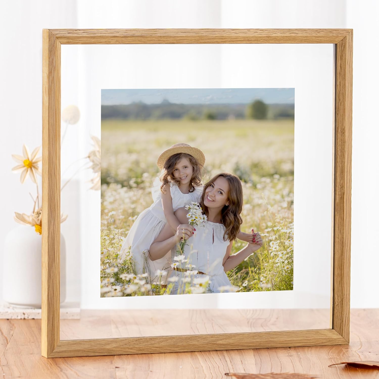 Axeman 12x12 Floating Picture Frame - Solid Oak Wood Square Picture Frame, Double Tempered Glass Photo Frame 3x3 4x4 5x5 6x6 8x8 12''x12'' Wood Frame, Wall Mount Or Tabletop Standing, Natural