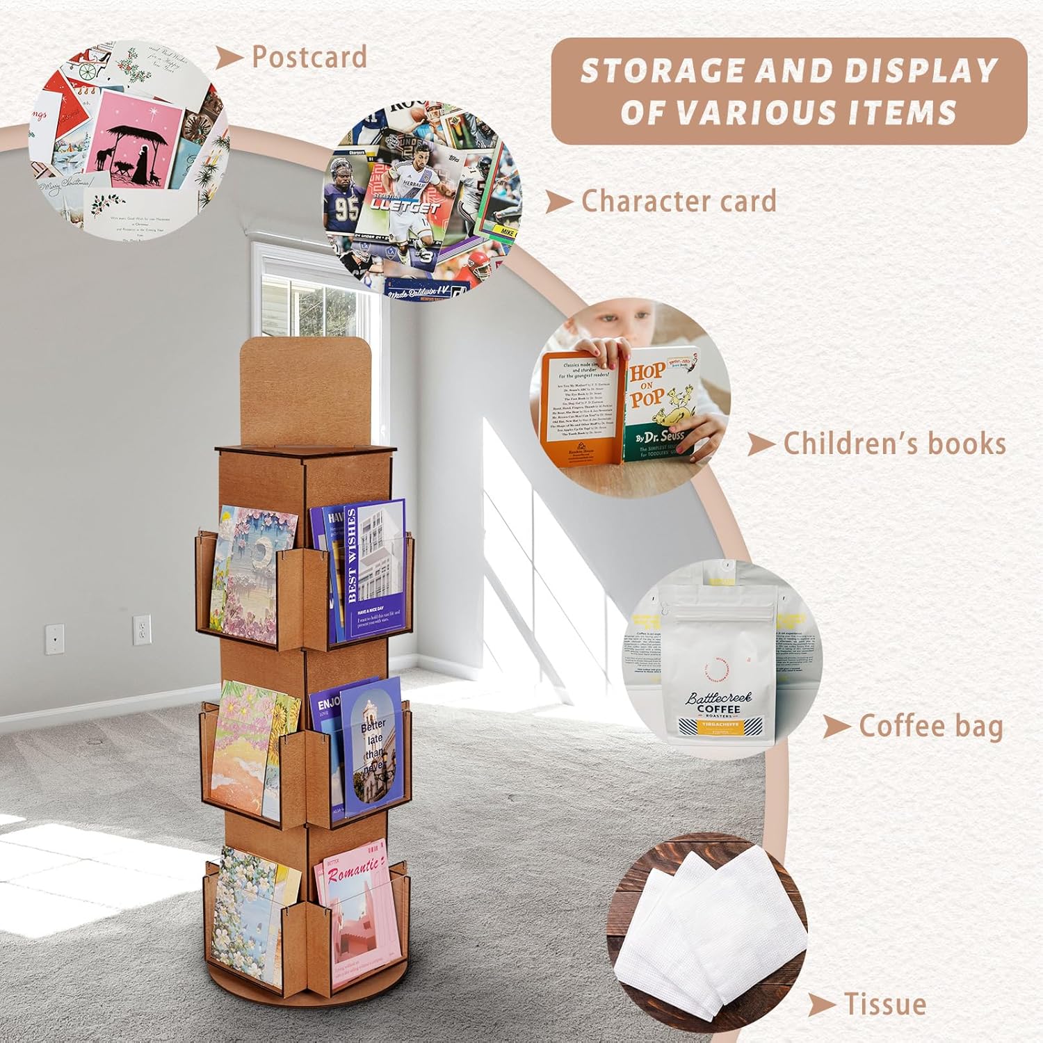 Natheeph Rotating Display Stand Greeting Card Display Wooden Display Rack with Two Card Sticker for Greeting Card Vendor Coffee Bag 3 Tier Tabletop Display Stand (Brown)
