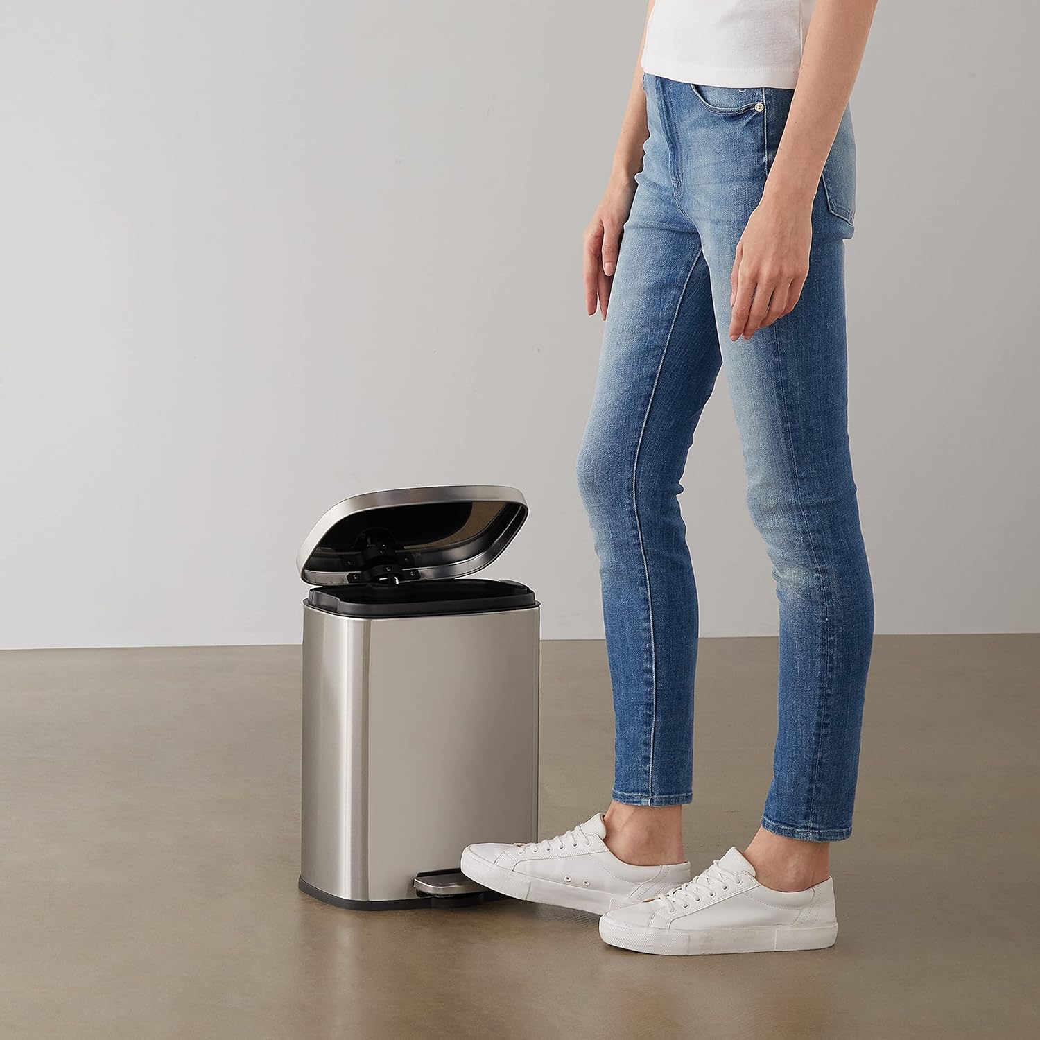 Amazon Basics Smudge Resistant Small Rectangular Trash Can With Soft-Close Foot Pedal, Brushed Stainless Steel, 12L/3.2 Gal, 11.3x9.9x15.1 in, Satin Nickel Finish