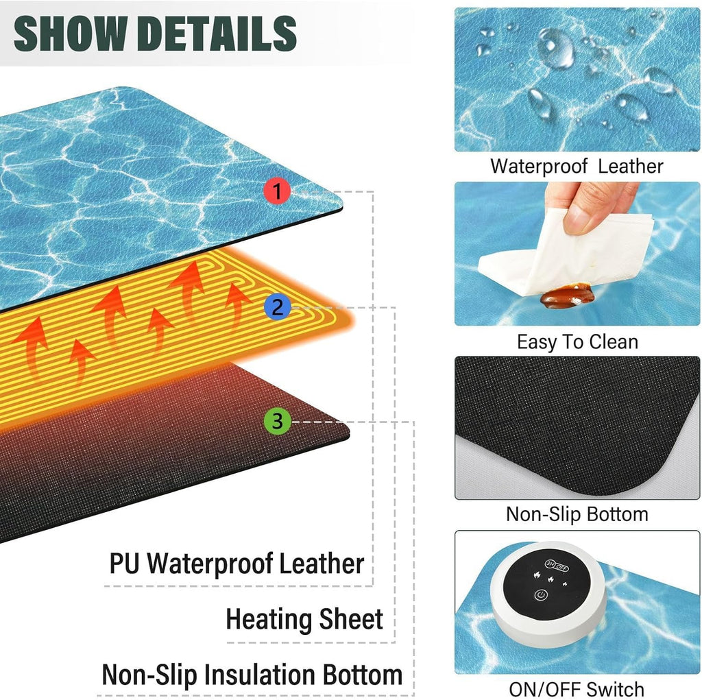 Heated Desk Pad Mouse Pad 31.5x13 Inch PU Leather Desk Mat with 3 Heat Levels Large Mouse Gaming Computer Laptop Mat Bright Blue Pool Ripples