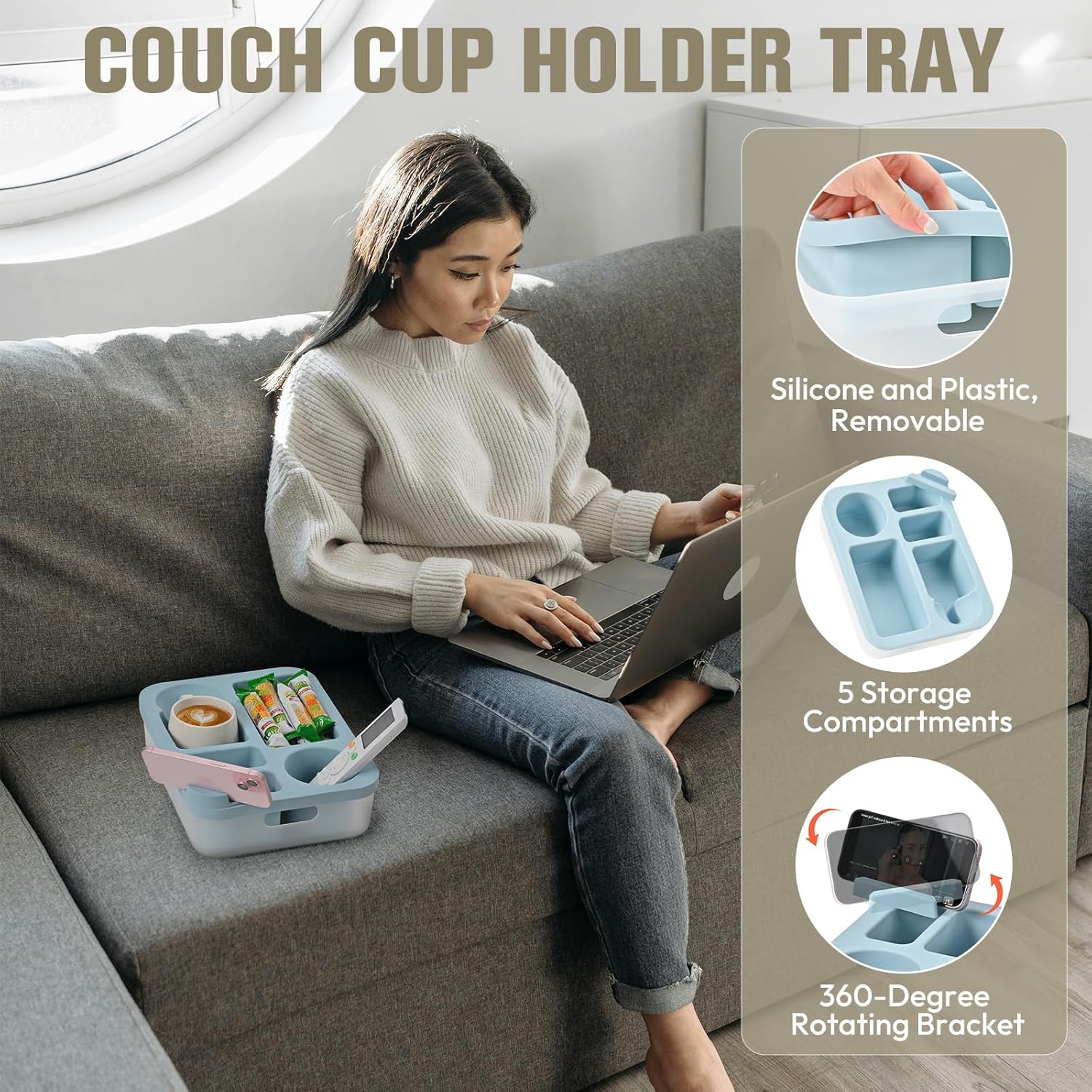 Couch Cup Holder Tray with Rotating Phone Stand & Anti-Spill Design, Silicone Sofa Caddy for Drinks, Remote, Snacks (Green, 11.8"x 9.05")