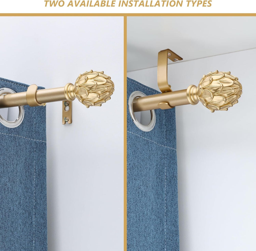 Curtain Rods for Windows 48 to 84 Inches 1 Inch Diameter Adjustable Drapery Rod Decorative Single Window Curtain Rods with Classic Finials,Gold