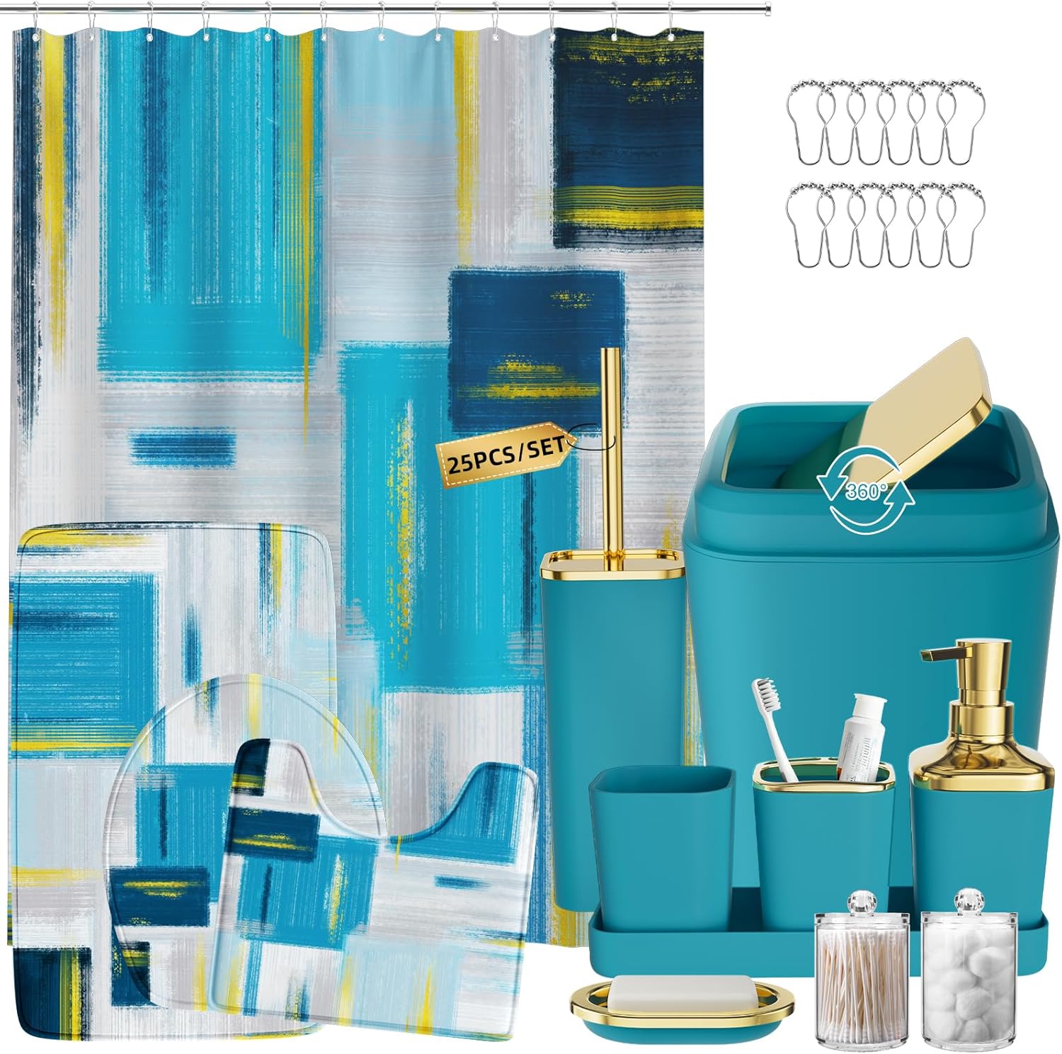 Bathroom Set - Teal Blue Bathroom Accessories Set, Bathroom Sets with Shower Curtain and Rugs, Teal Blue Shower Curtain Set with Bathroom Trash Can, Soap Dispenser, Soap Dish for Home Decor