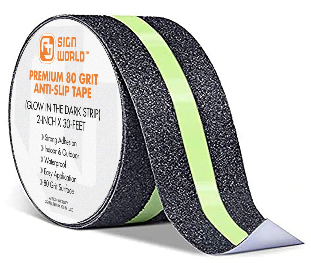 Best Anti-Slip Grip Tape, Black with Glow in The Dark Strip, 2" x 30 FT, 80 Grit, Industrial Grade, Indoor, Outdoor, Weatherproof (2-Inch x 30 Feet Roll)