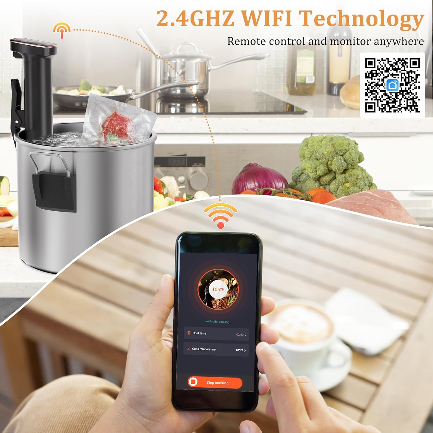Sous Vide Machine, WiFi APP Recipes Included, Sous Vide Cooker 1100W, Immersion Circulator Precisional Cooker with Accurate Temperature, Ultra Quiet, IPX7 Waterproof, Fast Heating and Time Control