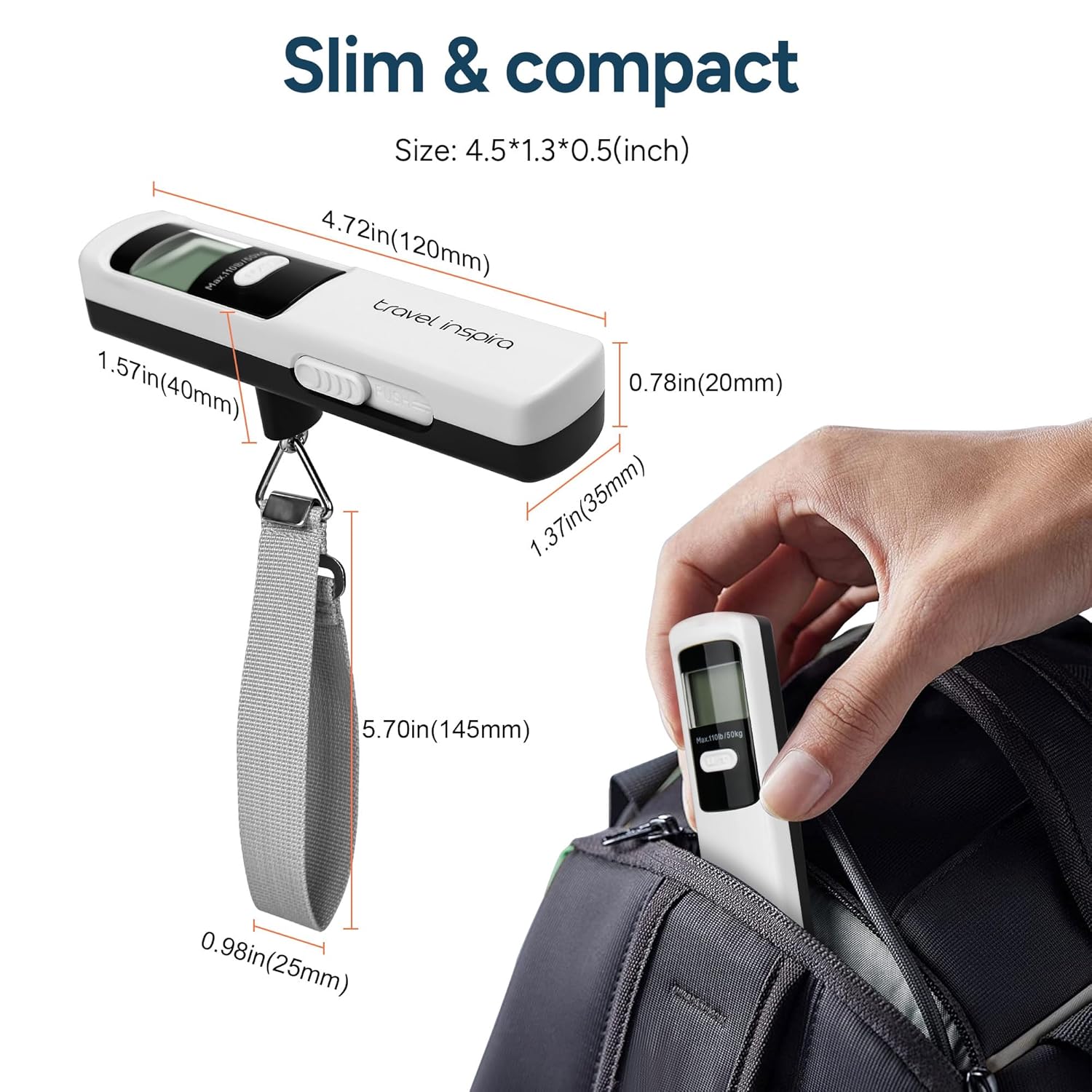 Battery-Free Luggage Scale, Suitcase Scale for Travel, 110 lbs/50 kg, Portable Handheld Weight Scale, No Batteries Needed