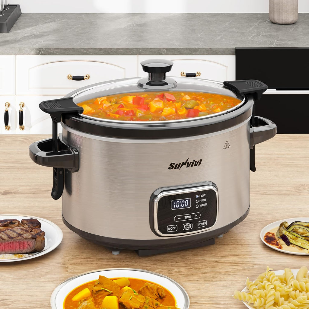 4QT Programmable Slow Cooker with Removable Ceramic Pot, Locking Lid, 3 Heating Settings & Timer, Dishwasher-Safe, Stainless Steel Silver