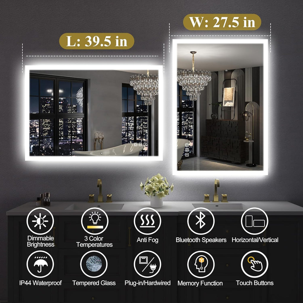 SBAGNO LED Bathroom Mirror with Lights, 40''x28'' 3D Border Bathroom Vanity Wall Mirror with Bluetooth, Anti-Fog, Stepless Dimming, 3 Colors, Tempered Glass Lighted Vanity Mirror for Bathroom