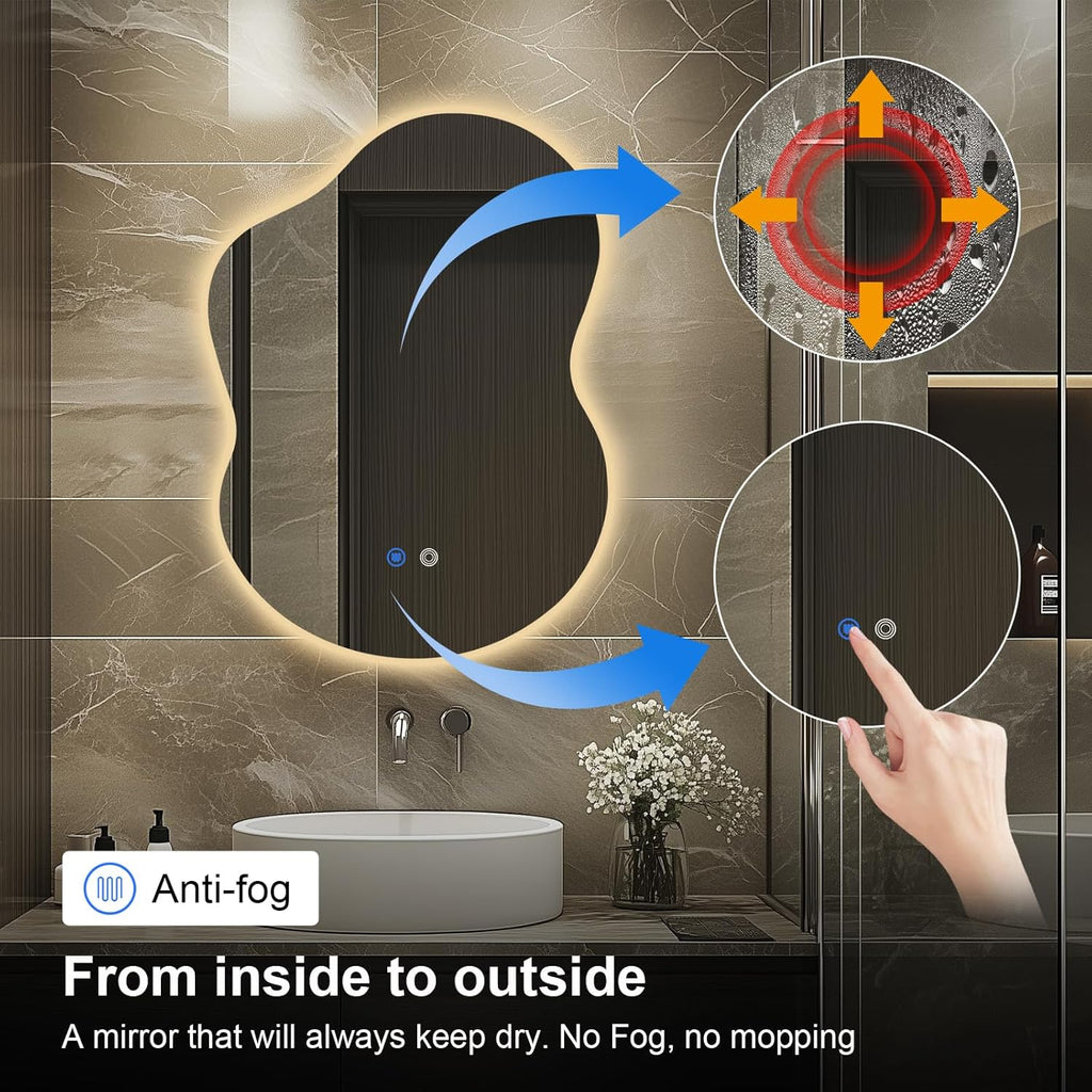 30"x22" Irregular LED Bathroom Mirror with Front & Backlight, Anti-Fog, Dimmable, 3 Color Modes, Wall-Mounted [Horizontal/Vertical]